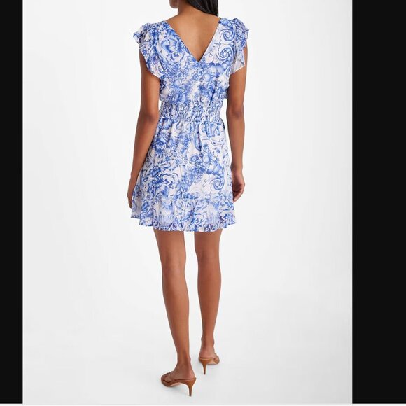 NWT Express Printed V-Neck Flutter Sleeve Smocked Waist Mini Dress, XL - Picture 2 of 6